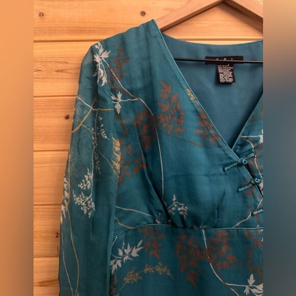 Vintage ECI Size Medium Silk V Neck Chinese Mandarin Collar Babydoll Blouse - Picture 2 of 14